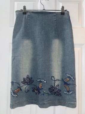Denim Pencil Skirt with Floral Bead Embroidery